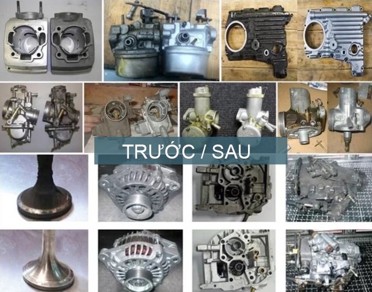 Bột hoá chất tẩy dầu mỡ chuyên dụng cho bể rửa siêu âm HC01 3 Hình ảnh thực tế trước và sau khi sử dụng bể rửa siêu âm rửa phụ tùng máy móc Rama