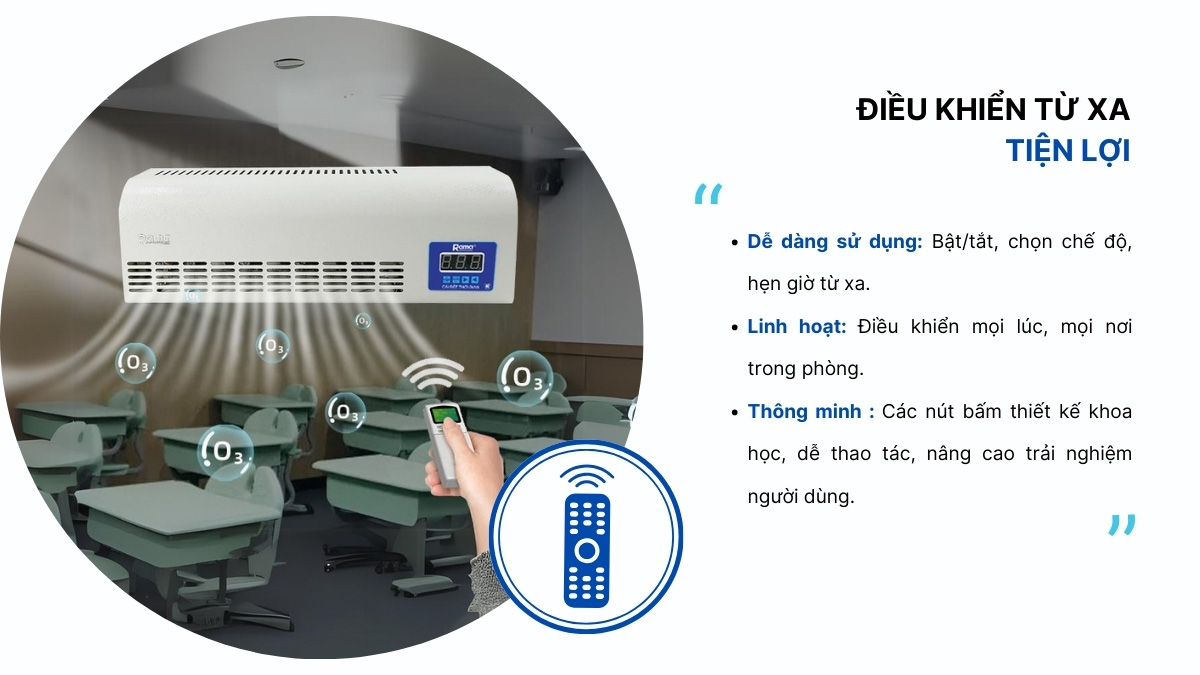 Máy khử mùi treo tường Rama được trang bị điều khiển thông minh với các nút bấm thiết kế khoa học, dễ thao tác bật/tắt, chọn chế độ, hẹn giờ từ xa.