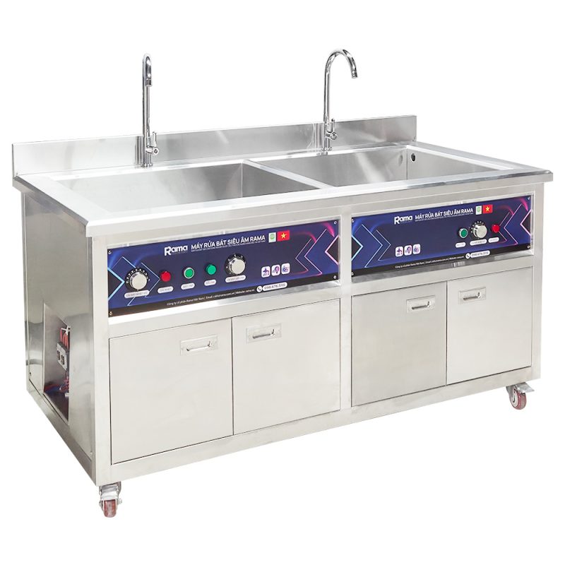 Máy rửa bát siêu âm công nghiệp Rama RB-1800S 2 bồn cho nhà hàng căng tin, công suất 1.8kW