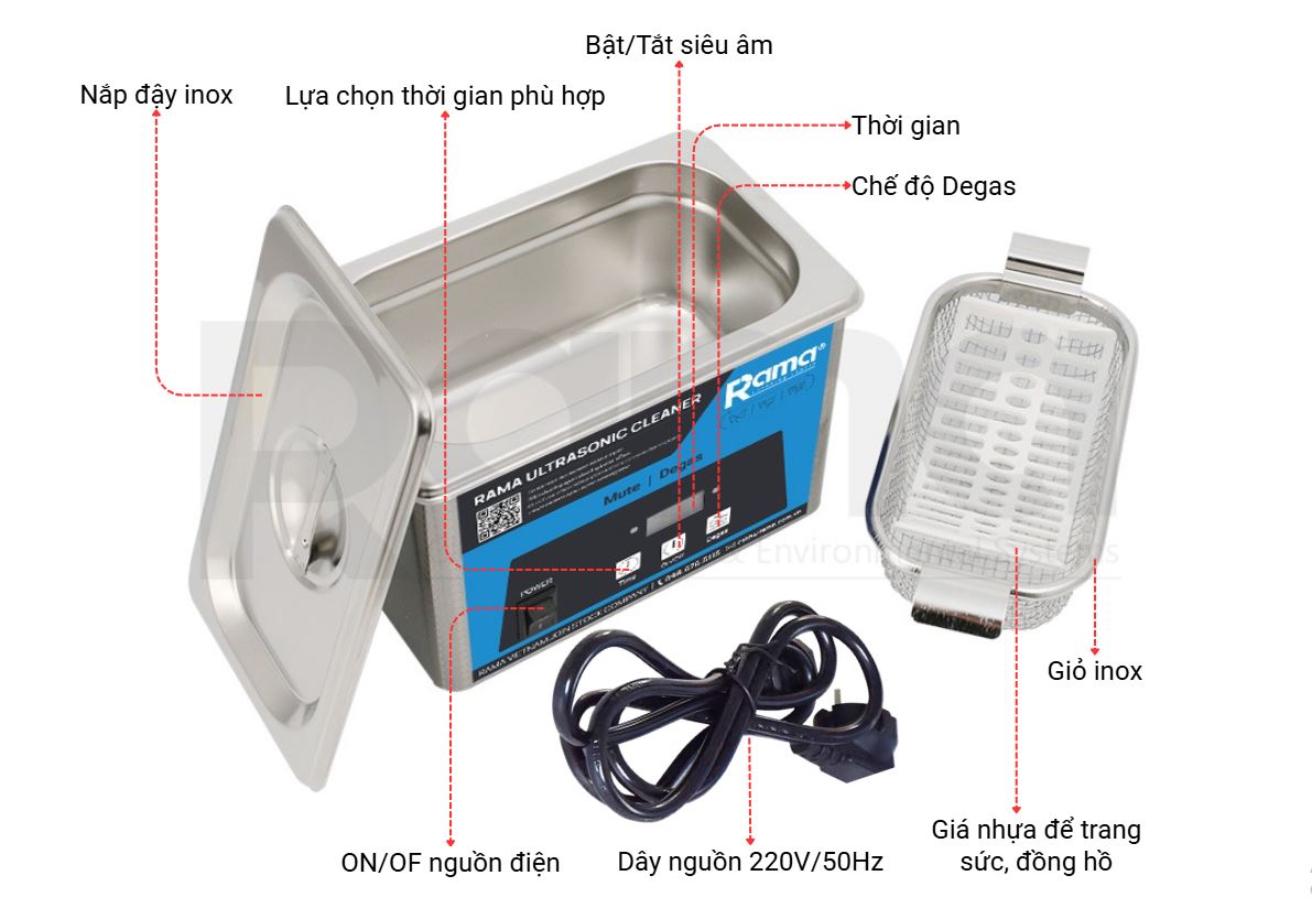 Máy rửa sóng siêu âm RAMA R0.8L dung tích 0.8 lít, công suất 60W, 40kHz 8 cau tao rama r0 8l