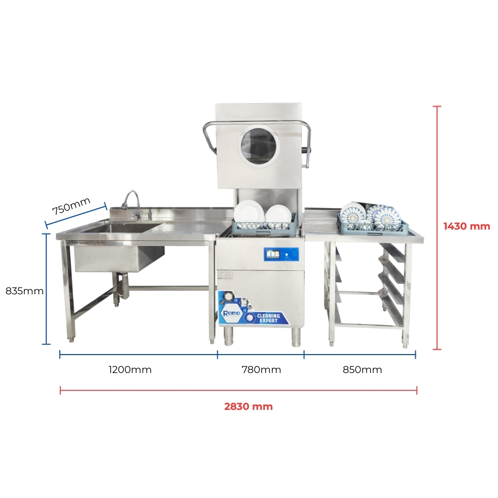 Hệ máy rửa chén bát cửa sập cho nhà hàng Rama RC15000SX Plus 2 Kich thuoc he mrb rama rc 15000sx plus 1