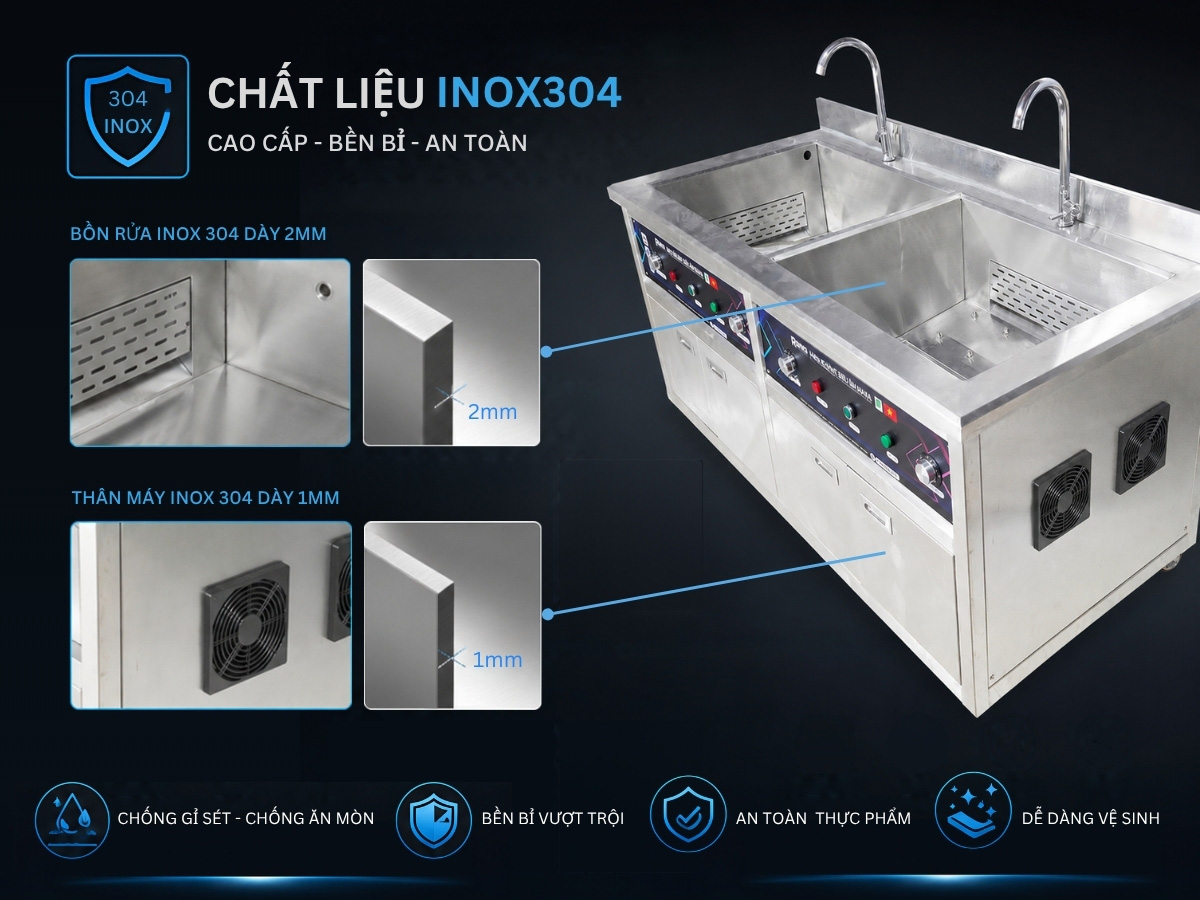 Máy rửa bát siêu âm có sục Rama RBS-1500 15 Máy rửa bát Rama RBS-1500 được làm bằng chất liệu inox 304 cao cấp