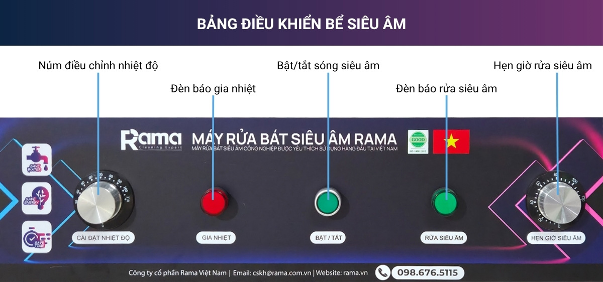 Máy rửa bát siêu âm có sục Rama RBS-1500 12 Thiết kế bảng điều khiển bể siêu âm của máy rửa bát siêu âm Rama RBS-1500