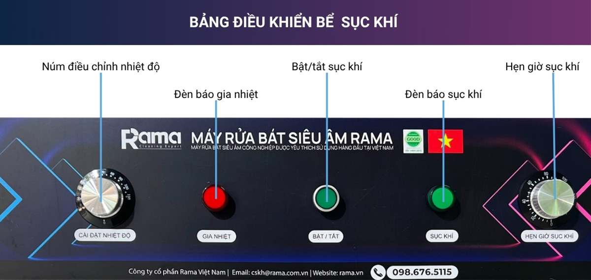 Máy rửa bát siêu âm có sục Rama RBS-1500 13 Thiết kế bảng điều khiển bể sục khí của máy rửa bát siêu âm Rama RBS-1500