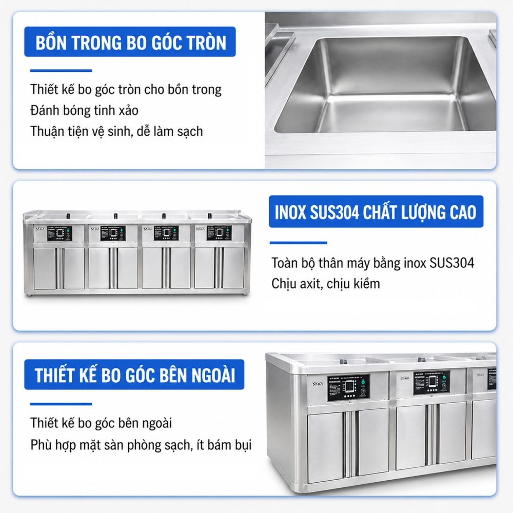 Bể rửa siêu âm 4 bồn thiết kế bo viền chuyên dụng trong y tế Rama UMedi 6 4 bon ranh cong 2