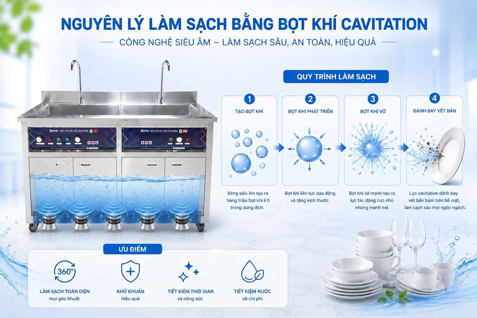 Máy rửa bát siêu âm công nghiệp Rama làm sạch bát đũa hiệu quả bằng hàng triệu bọt khí cavitation