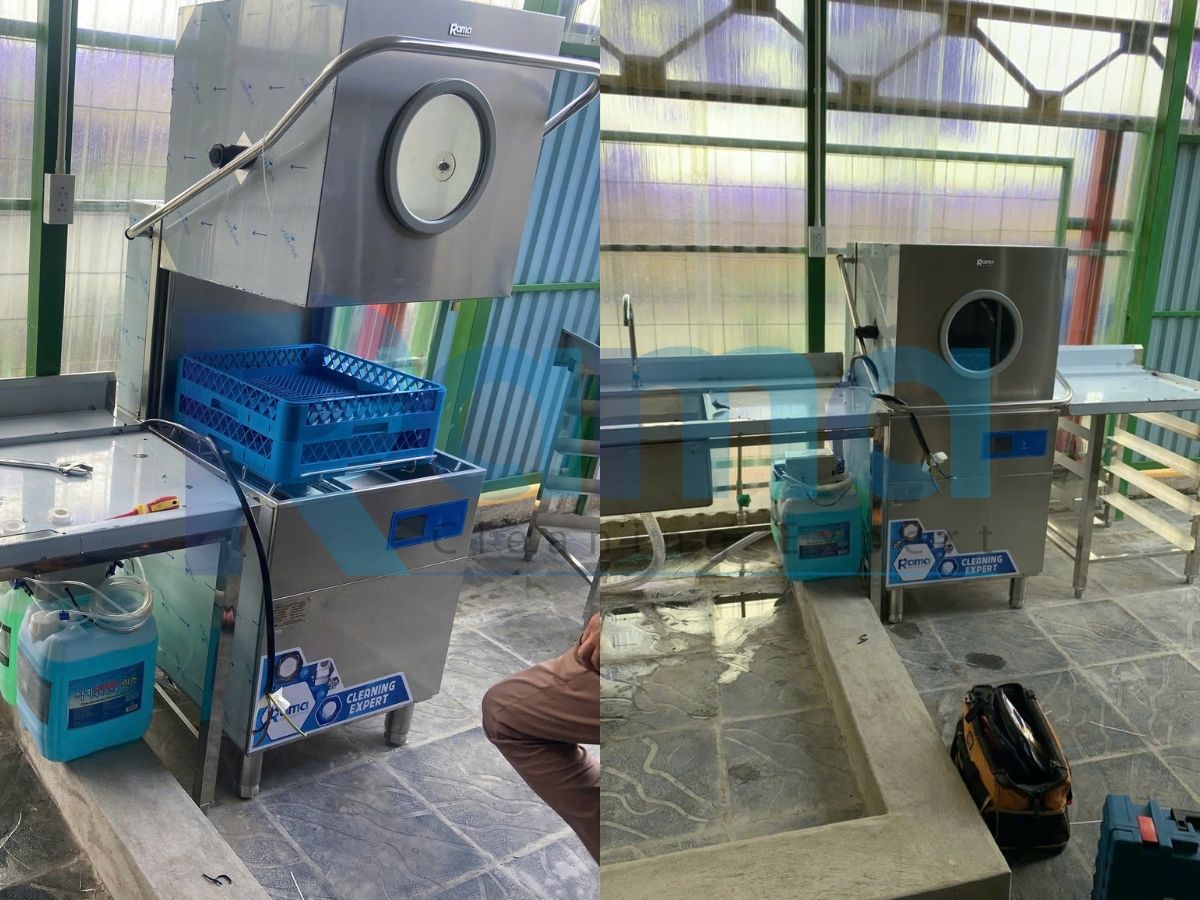 Máy rửa bát cửa sập cho quán ăn Rama RC15000SX lắp tại khu rửa của quán ở phường Việt Hưng